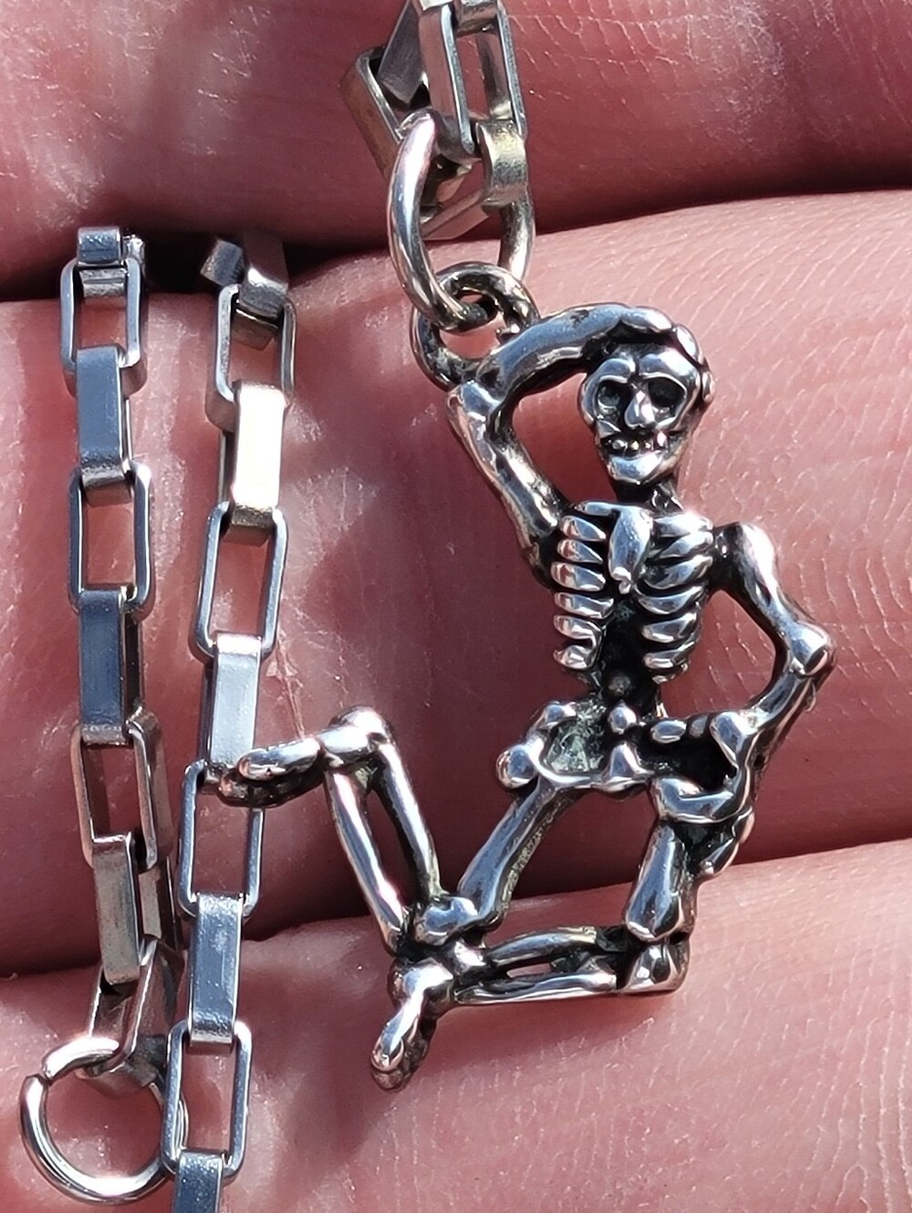 .925 Sterling Silver Dancing Skeketon Pendant Necklace - New